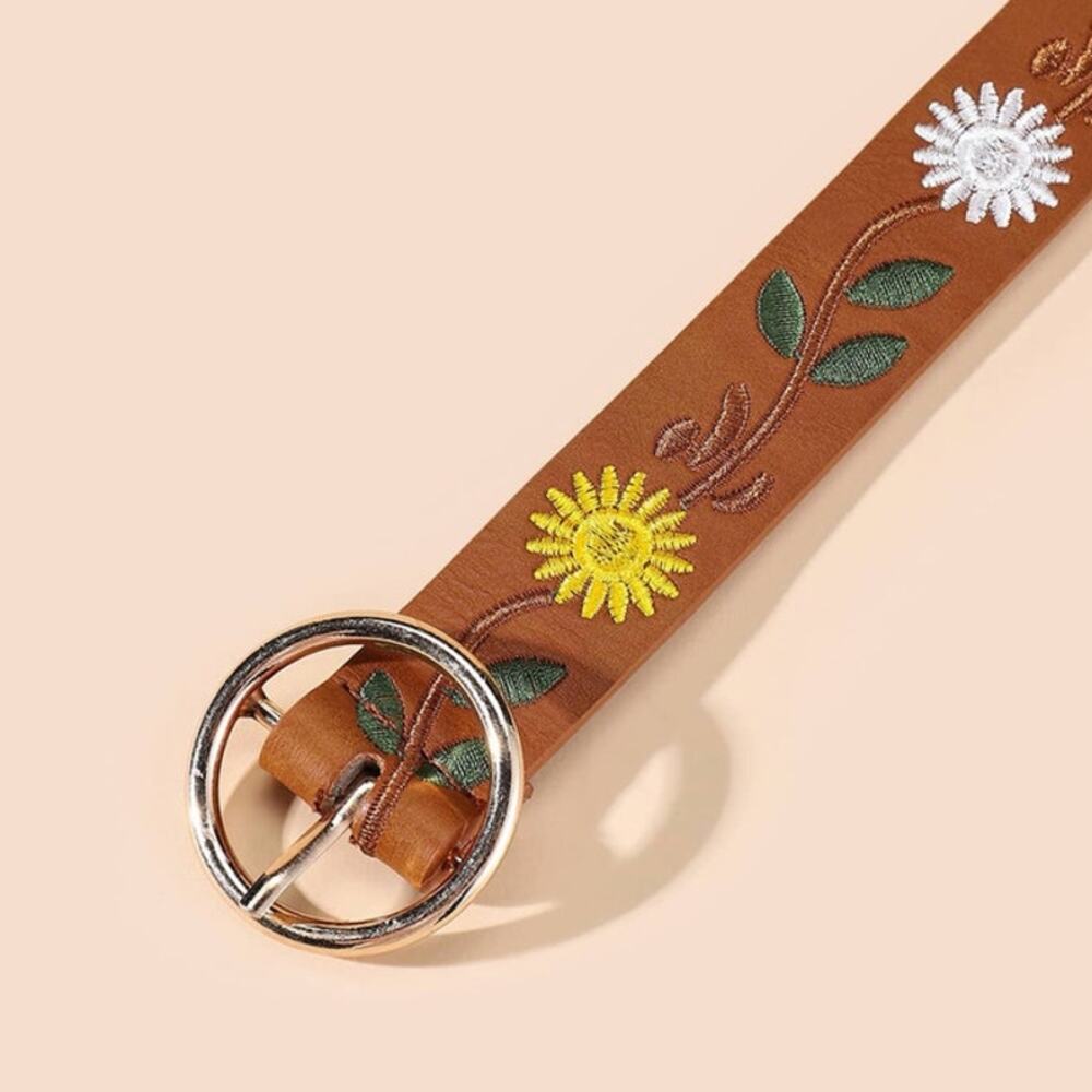 Belt Camel Tan Floral Embroidery Flowers Vegan Leather 31"-37" Total 41" - Picture 7 of 8